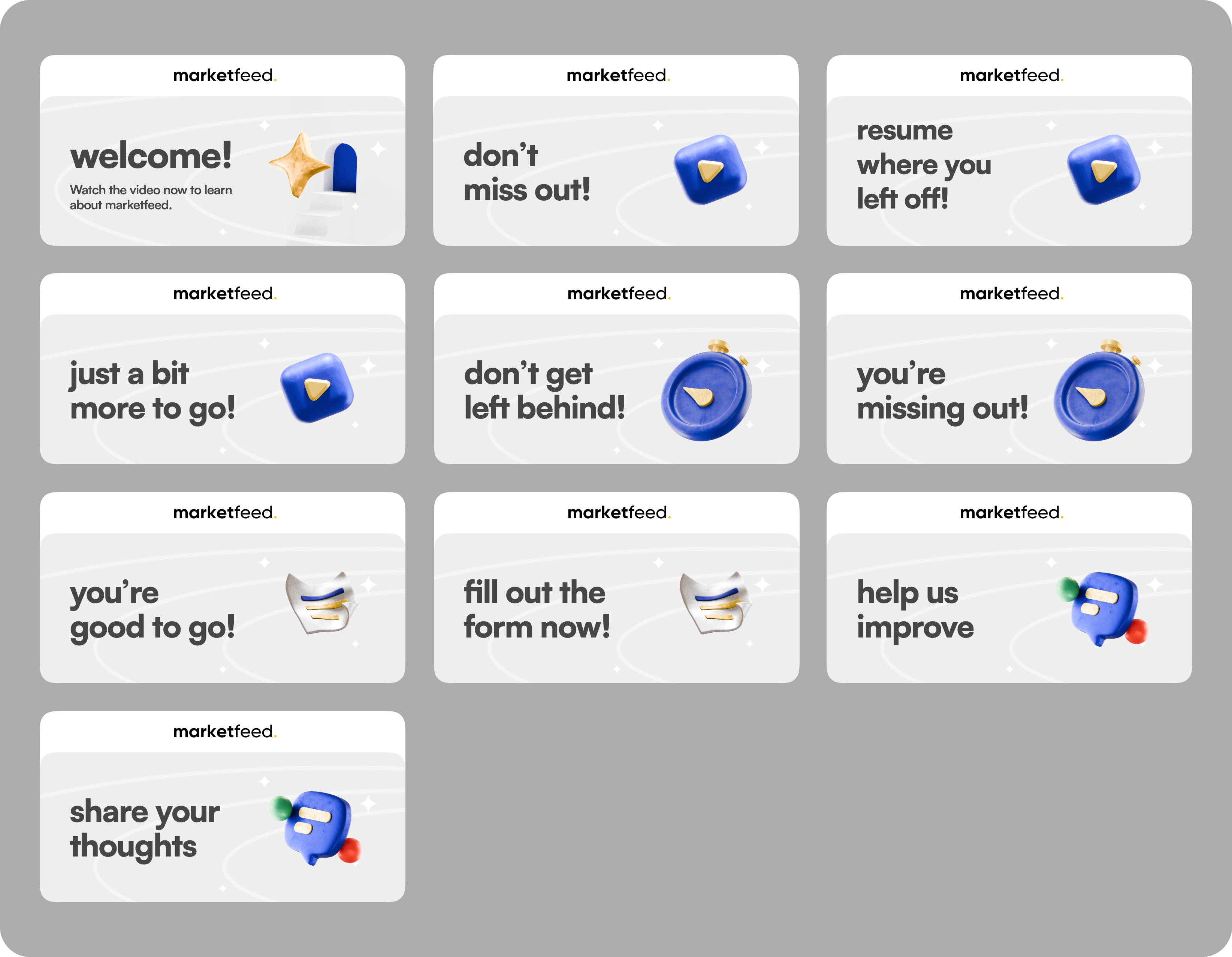 10 branded message thumbnail cards designed for the CRM automation