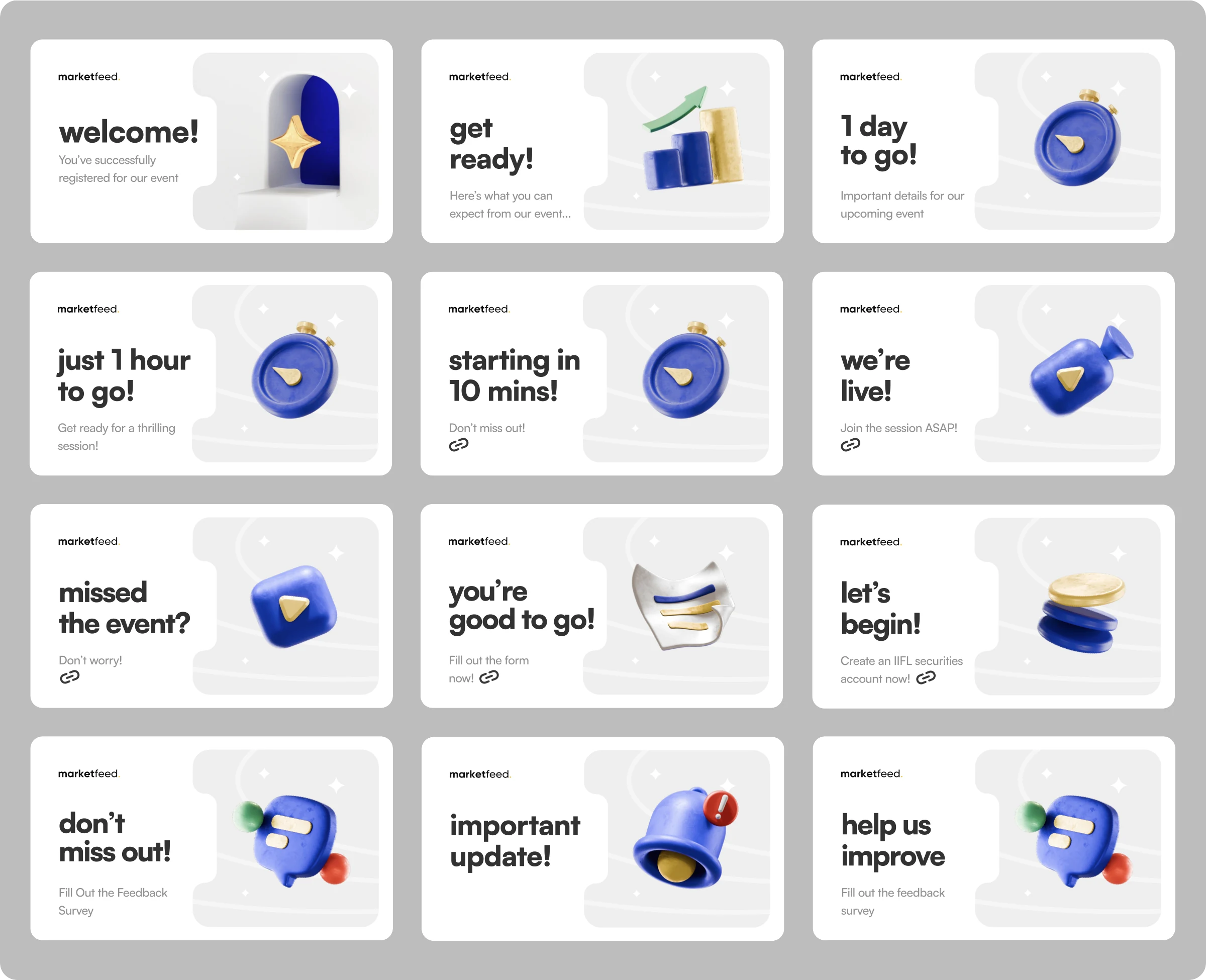 10 branded message thumbnail cards designed for the CRM automation